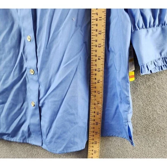 Tommy Hilfiger Puff-Sleeve Blouse Women's M Blue Ruffle Collar Button Closures - Picture 8 of 15